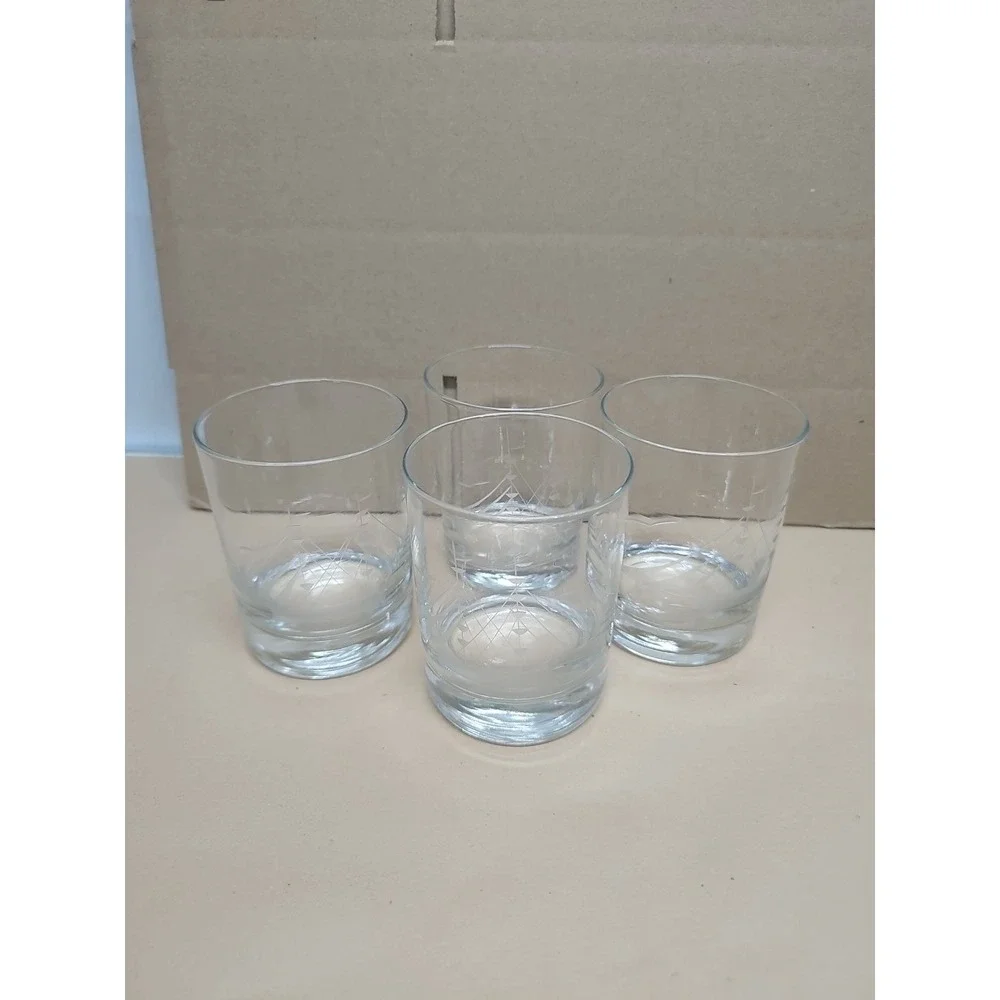 Javit Etched Crystal Clipper Ship Double Old Fashion‎ Set Sail With Set Of 4